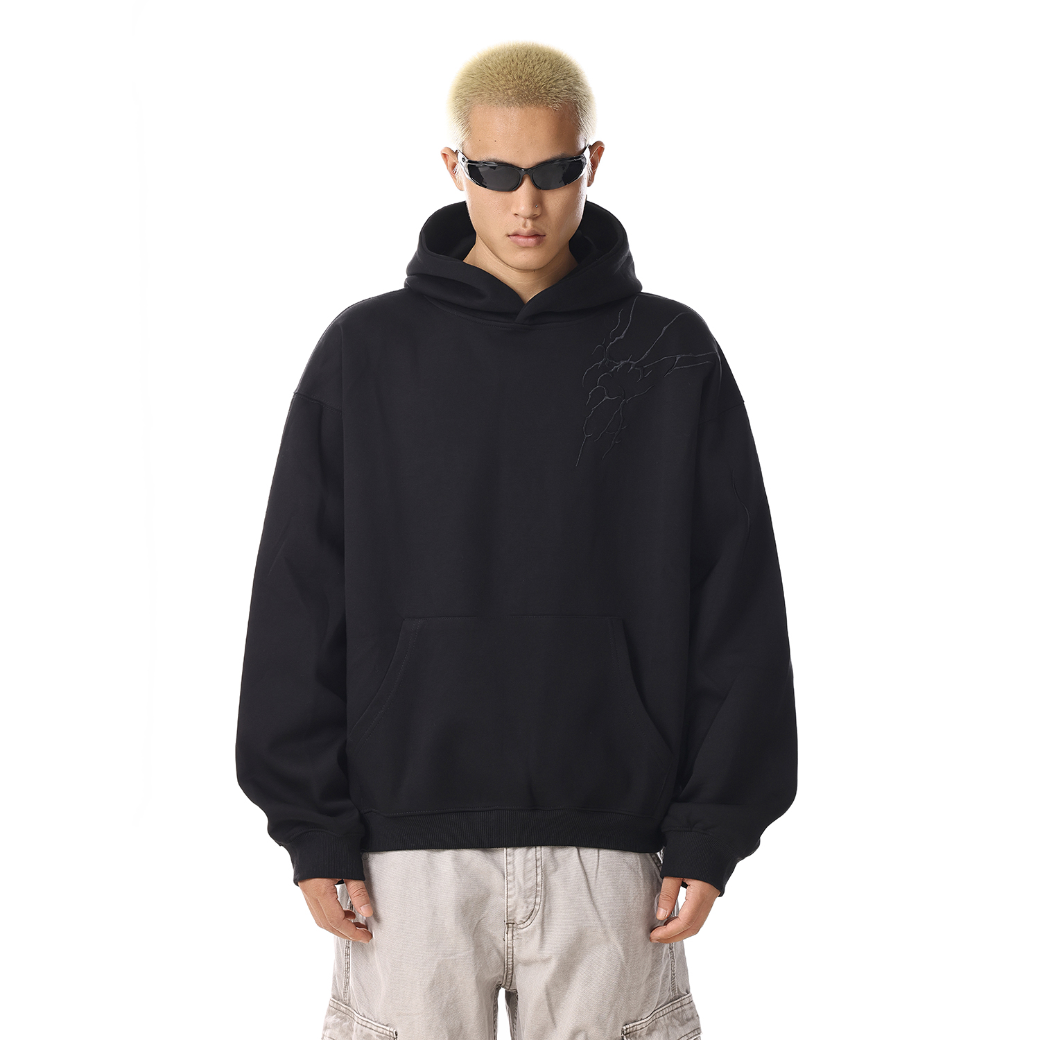 美式复古闪电纹刺绣短款连帽卫衣