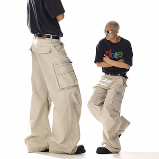 男女宽松休闲直筒阔腿长裤 裤 复古宽松廓形解构设计感杏色工装 美式