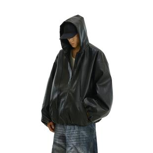 秋季 复古高级感连帽皮衣男女痞帅宽松百搭休闲机车夹克外套潮 美式