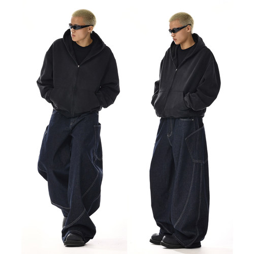 美式复古廓形弯刀牛仔裤男女潮牌百搭直筒高级感阔腿宽松休闲长裤