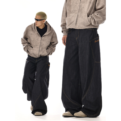 美式复古廓形弯刀牛仔裤男女街头设计感情侣宽松直筒拖地阔腿裤子