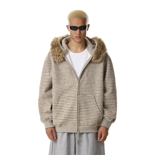 美式复古条纹开衫卫衣外套男女高级感毛领连帽拉链休闲设计感上衣