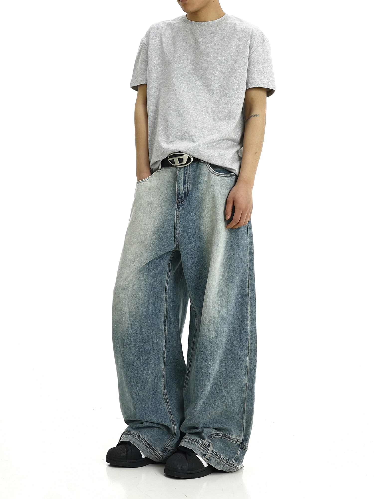 AMERICAN HIGH STREET RETRO WASH JEANS MENS AND WOMENS RUFFIAN DESIGN INVERTED STRAIGHT-LEG LOOSE COUPLE WIDE-LEG TROUSERS