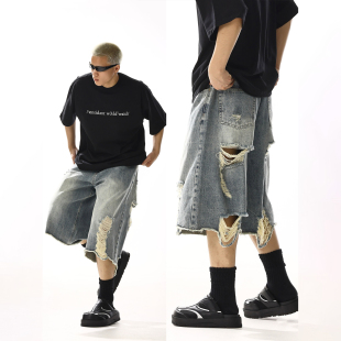男女宽松阔腿百搭休闲中裤 复古水洗做旧破洞磨毛七分牛仔短裤 夏季