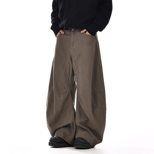 子 男女痞帅高级感解构宽松阔腿情侣休闲裤 美式 复古廓形弯刀牛仔裤