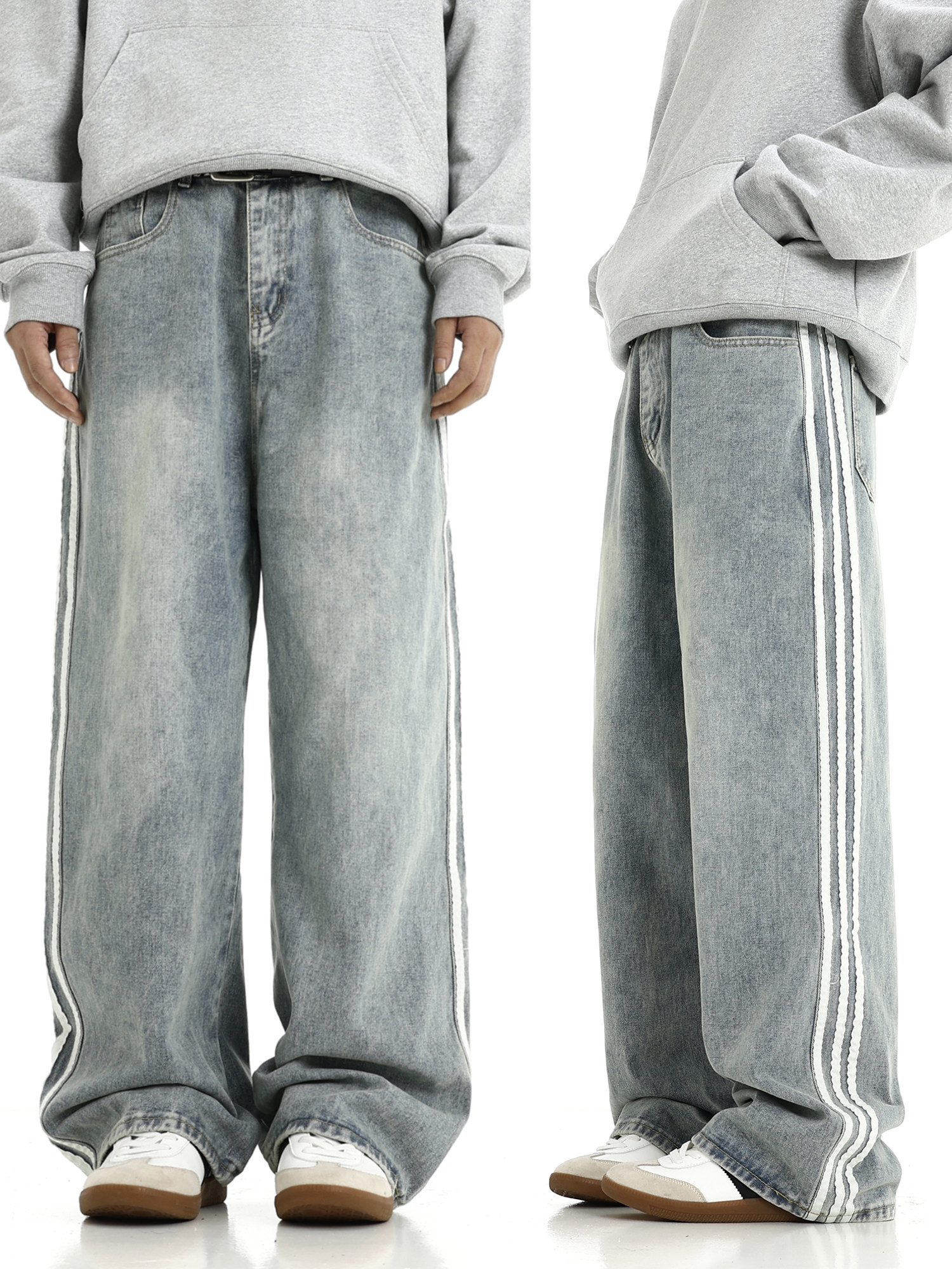 AMERICAN-STYLE RETRO THREE-BAR STRIPED BLACK JEANS MENS TRENDY HIGH STREET LOOSE DRAPE MOPPING AND VERSATILE STRAIGHT-LEG PANTS