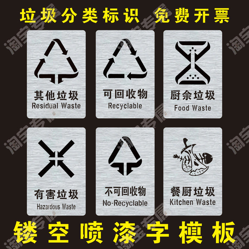 不可回收有害厨余其他垃圾桶箱分类印刷标识牌镂空自喷漆刻字模板图片