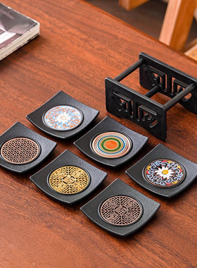 晟窑新款中式杯垫珐琅彩茶杯托家用翘边茶桌防滑隔热垫六个收纳装