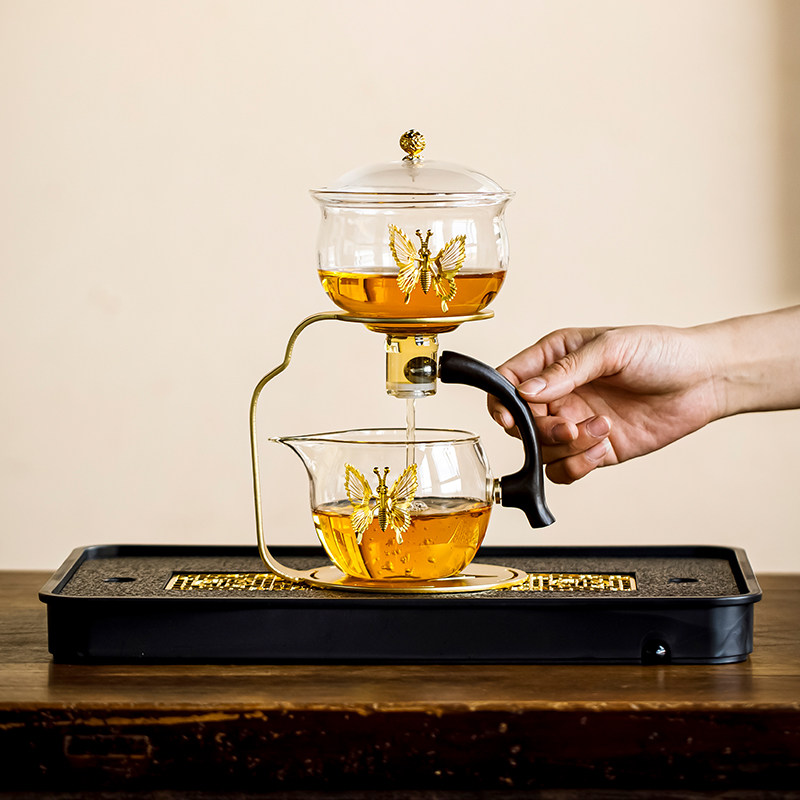 晟窑新款蝴蝶半全自动茶具套装家用高硼硅耐热玻璃磁吸懒人冲茶器