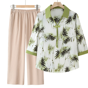 妈妈7分袖衬衫奶奶雪纺清凉透气套装夏装上衣中老年女装中式小衫