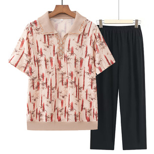 中老年妈妈夏装上衣中老年套装夏季短袖新中式休闲翻领透气两件套