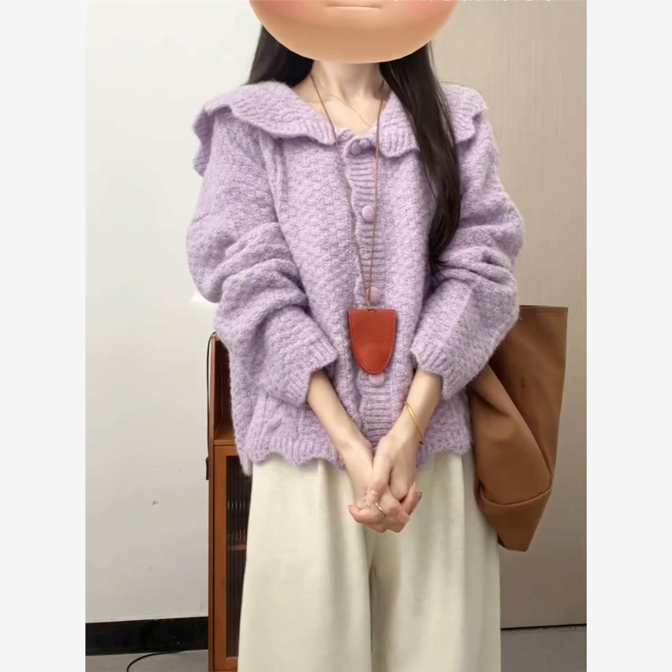紫色披肩领毛衣慵懒针织