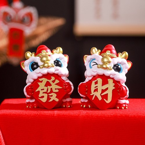 创意卡通喜庆树脂小狮子国潮舞龙摆件醒狮工艺品桌面中控台小摆件