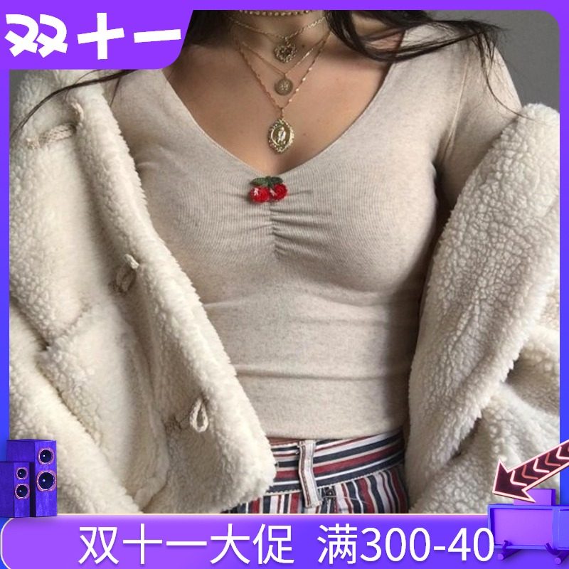。ins风性感V领长袖T恤樱桃刺绣高腰显瘦露脐短款紧身上衣女 彭王