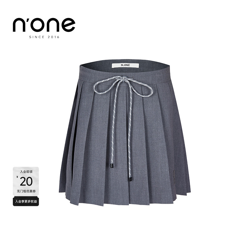 none撞色抽绳腰头A字百褶短裙