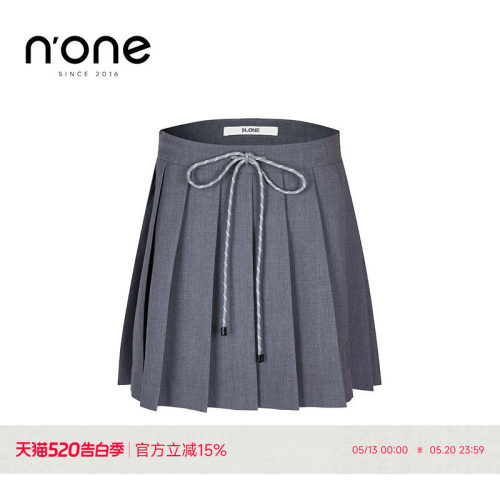 none撞色抽绳腰头A字百褶短裙
