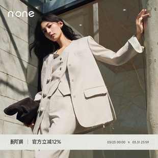 新款 外套女2025秋季 气质名媛高级感直身V领 休闲亚麻西装 none