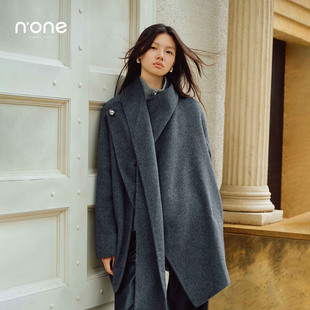 翻领系带外套 中长款 none 绵羊毛骆驼绒混纺毛呢大衣女2025冬新款