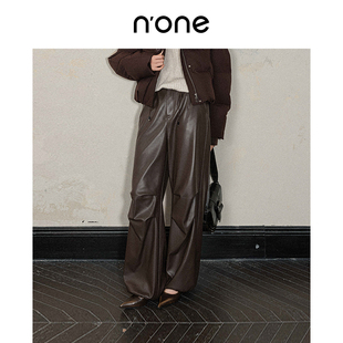 冬季 女长裤 新款 褶皱高级感宽松直筒PU皮裤 美拉德美式 none