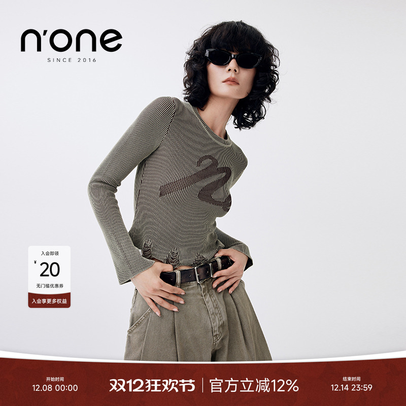 none正肩螺纹修身拉破做工毛衣