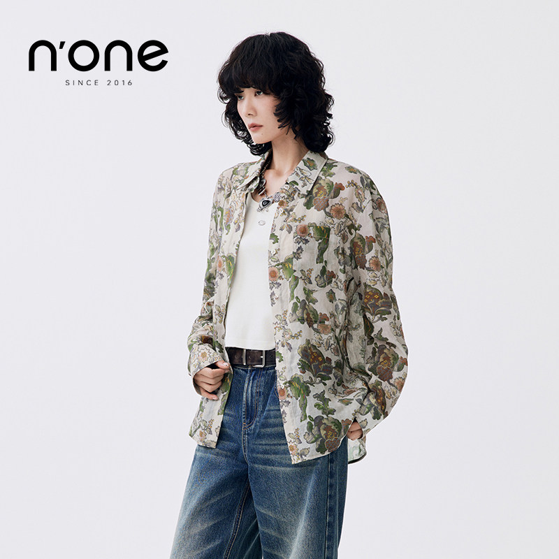 none复古棕绿印花时尚宽松衬衫图片