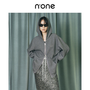 none 宽松慵懒感全身烫钻双开拉链外套 松弛感连帽卫衣女2025新款