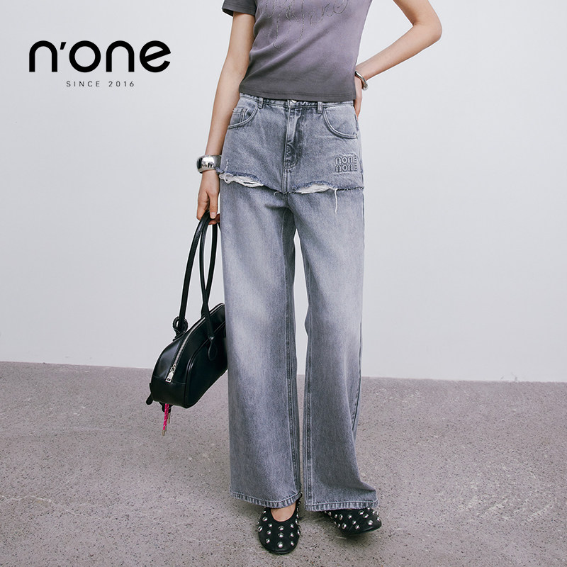 n'one 2025夏季新款假两件裙裤牛仔裤女毛边设计高级感窄版直筒