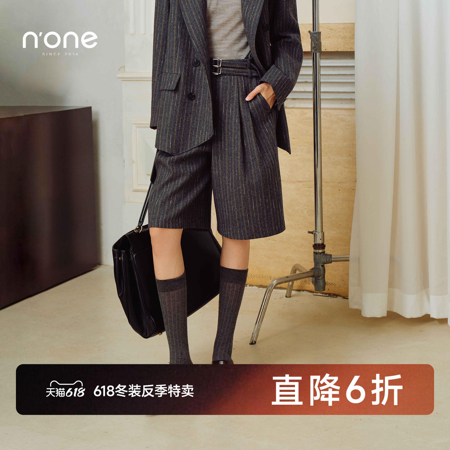 none 双腰头工装风短裤女冬新款经典条纹宽松五分裤帅气休闲
