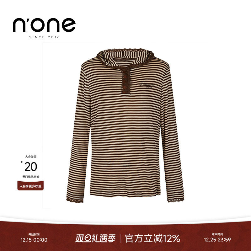 none立裁连帽蕾丝花边长袖T恤