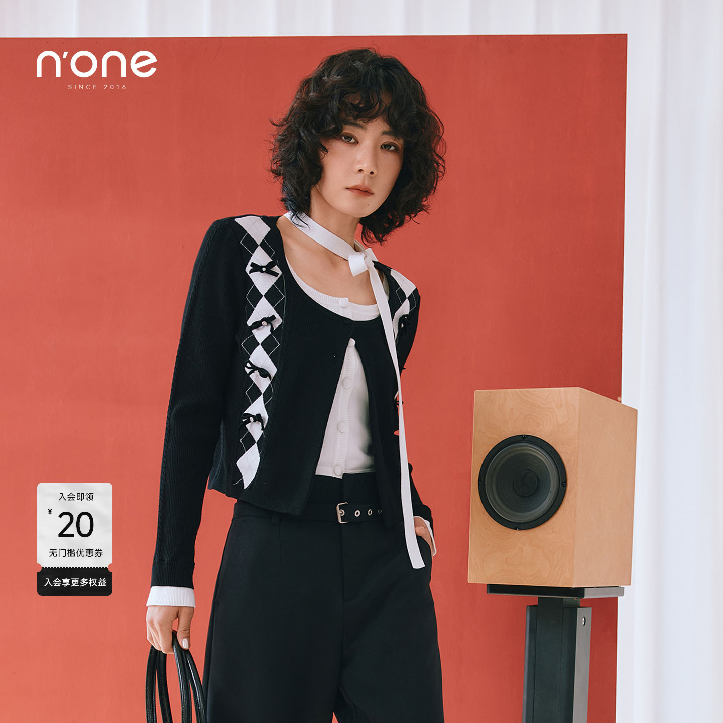 none时尚假两件钉珠针织开衫上衣