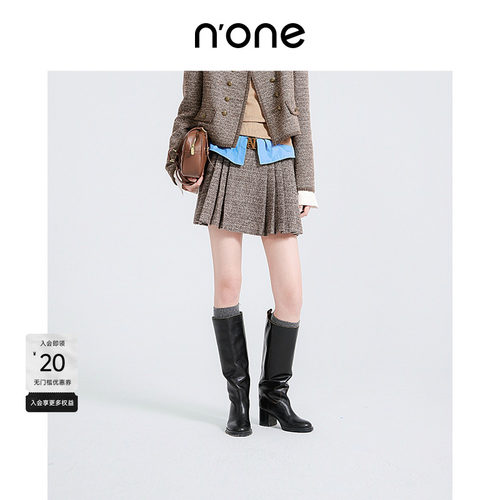 none茶棕色定制腰带百褶半身短裙