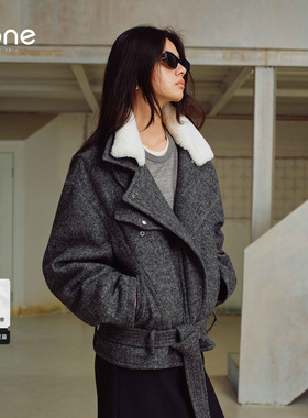 none 短款毛领毛呢外套女2025冬季新款灰色显高百搭收腰小外套