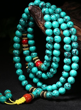 仿天然绿松石原石108颗多层手链