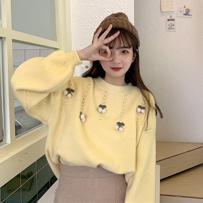 新款 日系女初恋风2020秋季设计感小众灯笼袖手工樱桃单穿打底毛