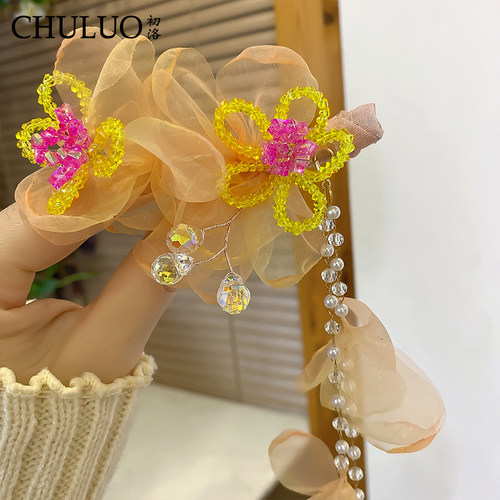 CL441网纱花朵流苏鸭嘴夹女侧边夹气质仙气头饰刘海夹新中式发饰