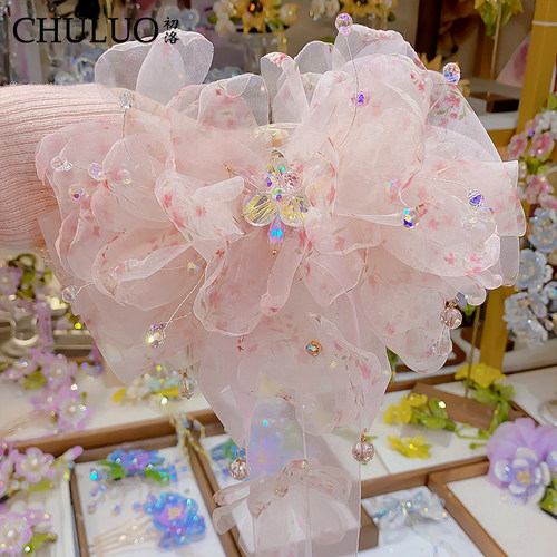 CL133超仙碎花纱马尾抓夹少女风水晶流苏蝴蝶结后脑勺半扎发头饰