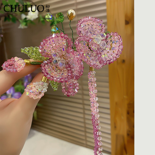 CL490轻奢工水晶花朵鸭嘴夹新中式手工流苏侧边刘海夹高级感发饰