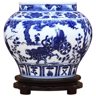 傲世瓷业  高白仿古元青花鬼谷子下山图罐