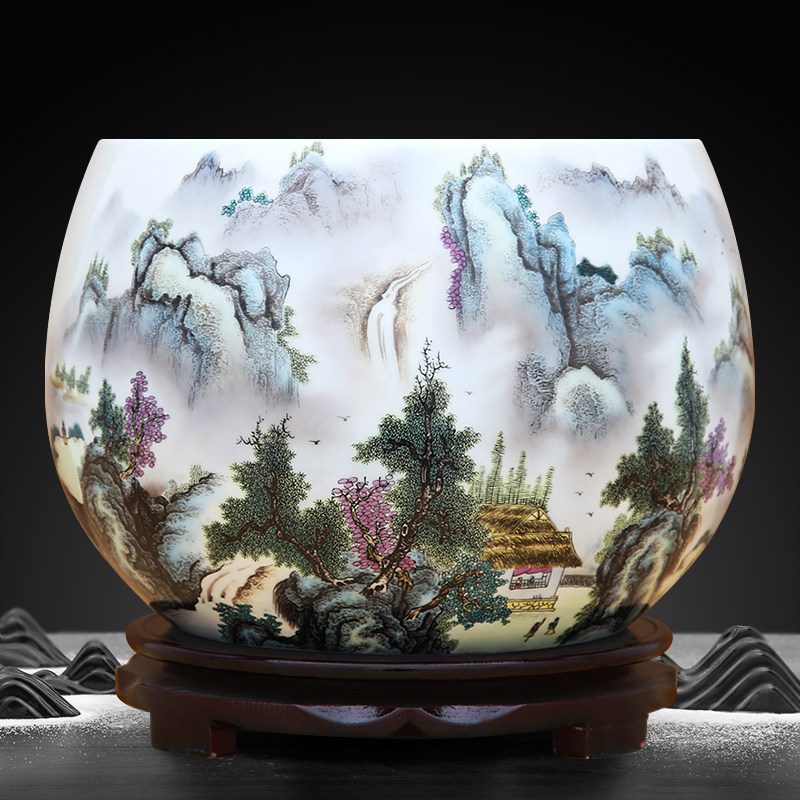 景德镇陶瓷聚宝盆鱼缸书画缸字画桶卷轴字画收纳筒桶复古书房摆件