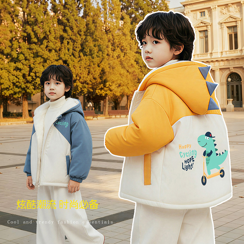男童秋冬加绒外套儿童装保暖加厚卡通恐龙中小童冬季帅炸休闲棉服