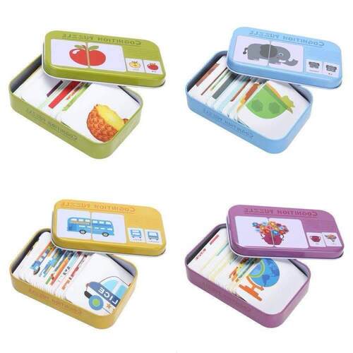 Baby Kids Cognition Puzzle Toys Toddler Iron Box Cards Match