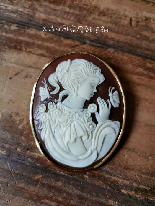 西洋古董vintage美国产赛璐璐仿贝雕Cameo卡梅奥浮雕美人胸针吊坠