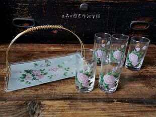 日本回流七十年代昭和老玻璃杯玫瑰花提篮古董水杯日式印花下午茶