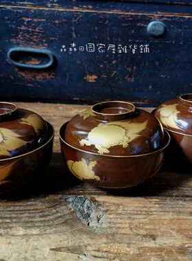日本回流漆器明治时期实木大漆手绘描金长寿龟墨棕色盖碗茶杯汤吞