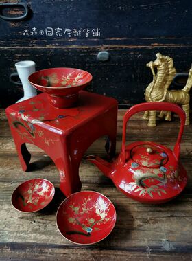 日本回流漆器大漆唐宋建盏茶台戗金工艺茶道红色茶托茶壶描金茶盏