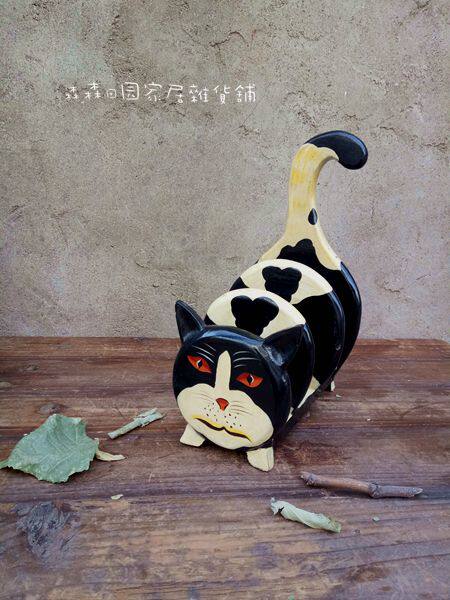 外贸出口样品木质彩绘复古做旧猫咪喵星人碟架家居装饰工艺品摆件