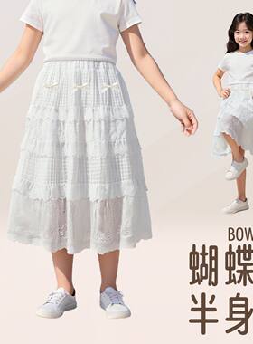 班吉鹿女童装2026春夏季中大童甜美风镂空花边蛋糕法式白色半身裙