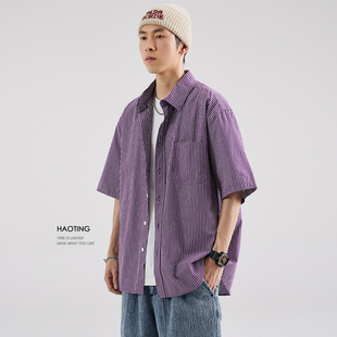 休闲上衣叠穿五分袖 豪霆.夏季 日系竖条纹半袖 衬衫 外套潮 男生短袖