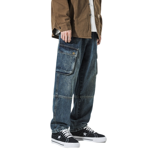 oversize美式工装牛仔裤男多口袋直筒休闲长裤大码水洗复古裤子潮