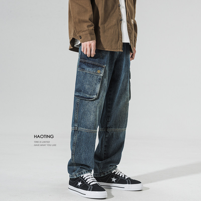 oversize美式工装牛仔裤男多口袋直筒休闲长裤大码水洗复古裤子潮
